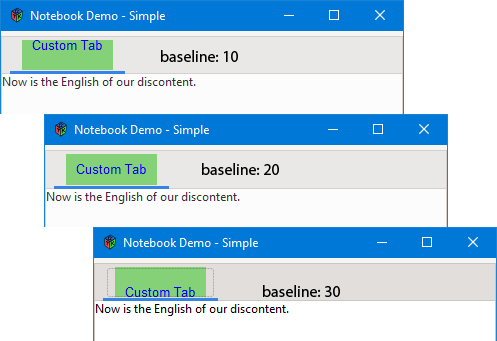 Figure 2: How the Custom Tab's Baseline setting Affects Placement of the Text
